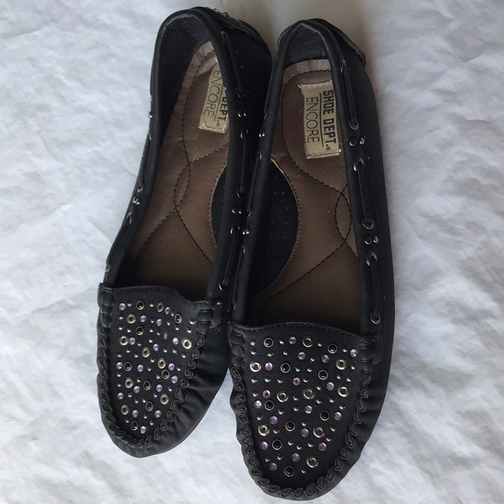 Shoe Dept Encore Bling Studded Black Loafers Sz 8M